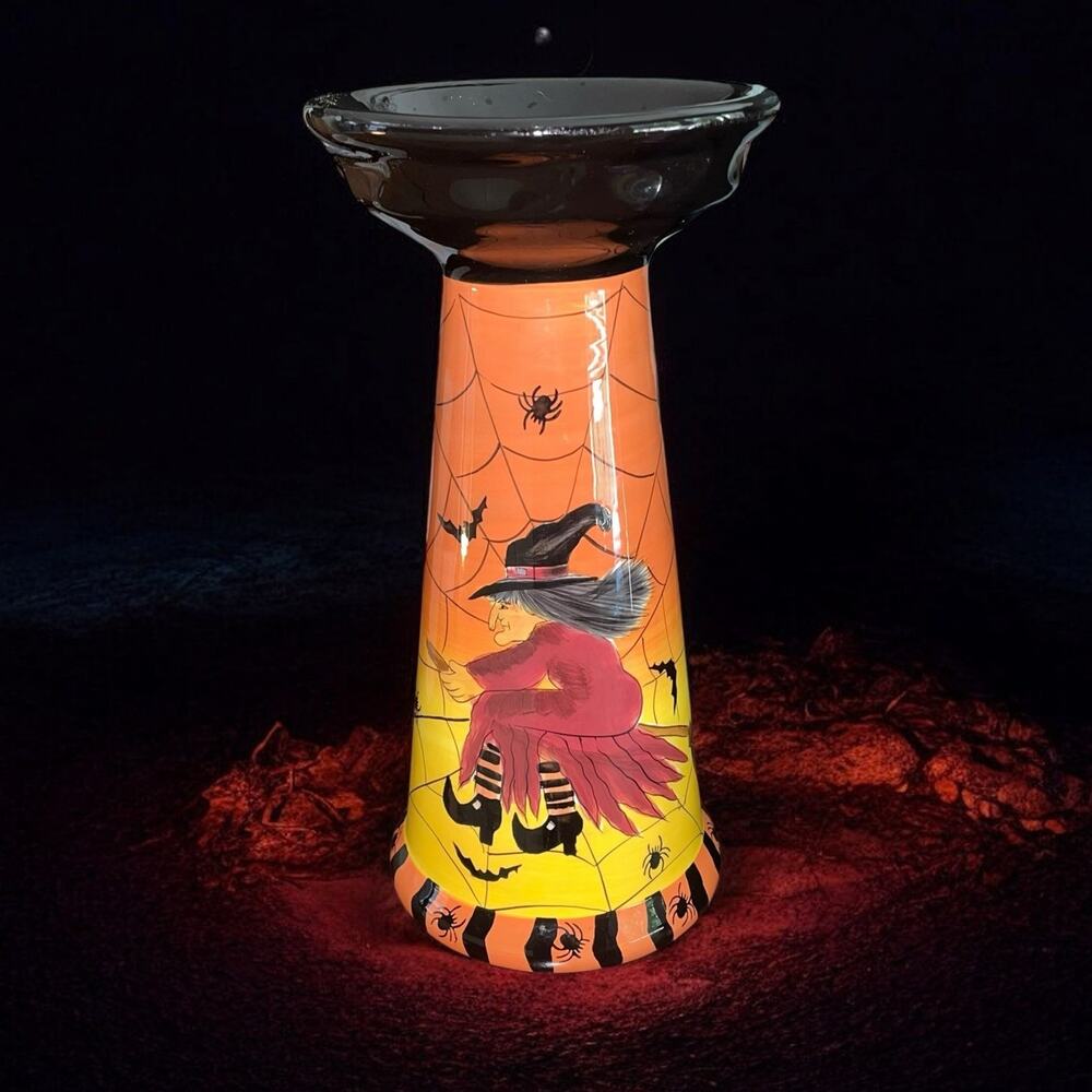 Laurie Gates Ware 12" Halloween Candle Holder Witch Bat Cat Spiderweb Decor